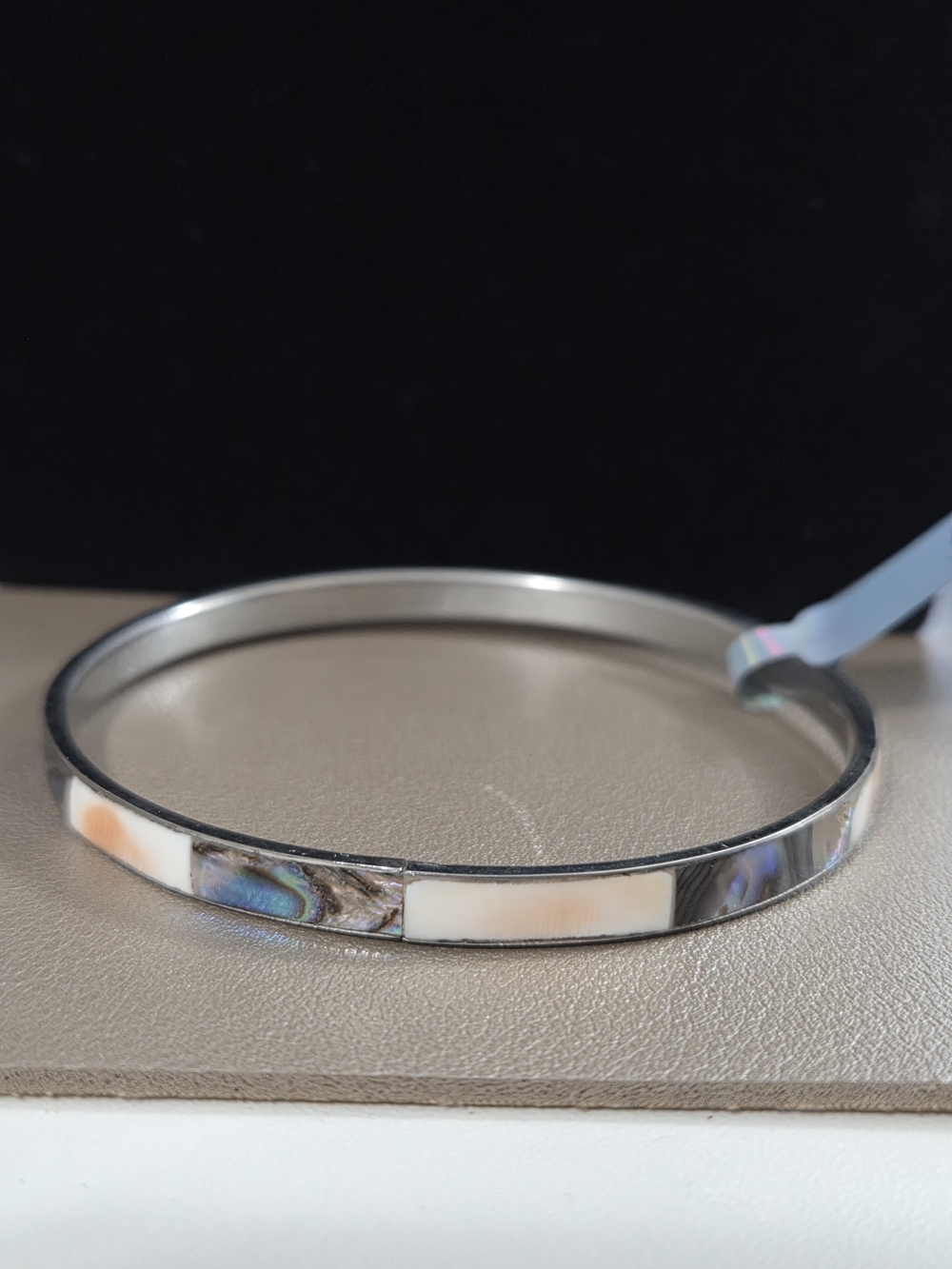 Abalone Inlay Silver-Tone Bangle Bracelet - Cream and Iridescent
